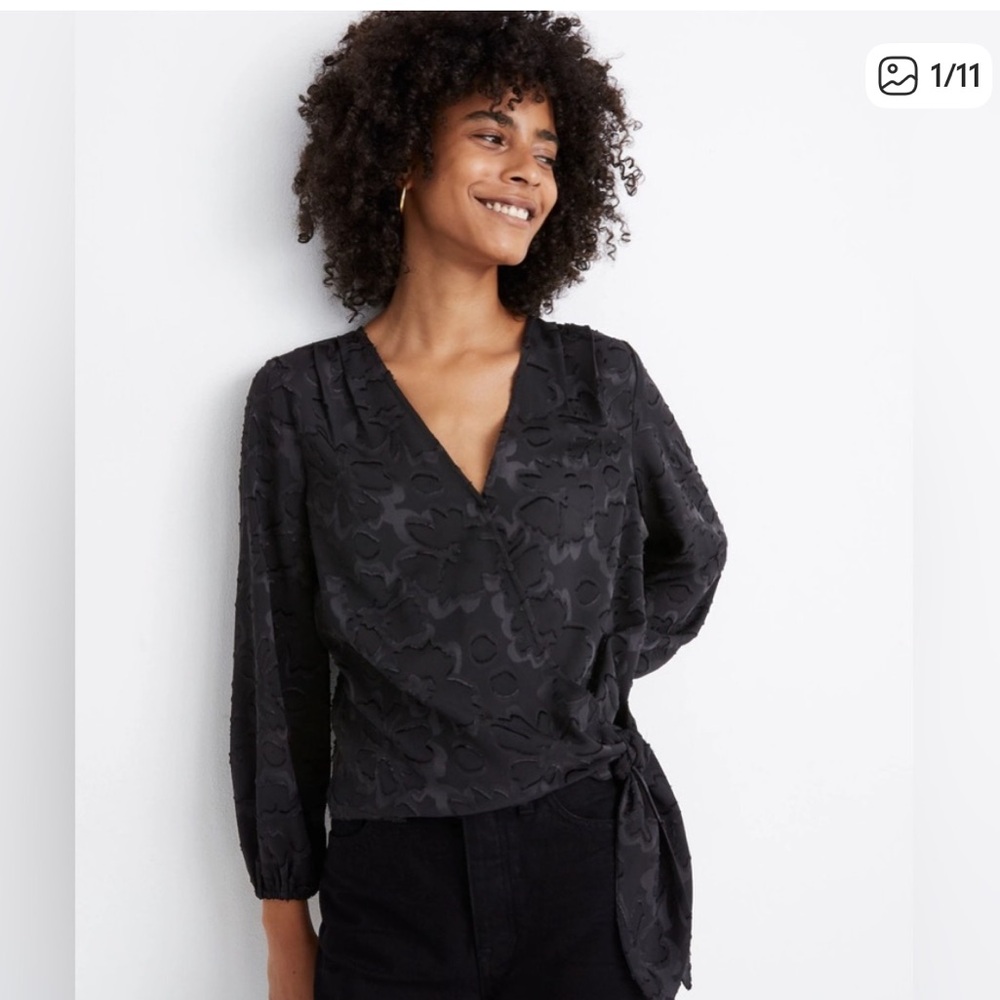 Madewell Floral Jacquard Side-Tie Black Wrap Top